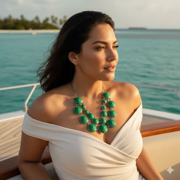 Bold Green Bubble Statement Necklace Silver Tone Faceted Resin Circles Modern - Picture 2 of 10